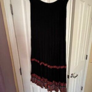 Southwestern Black, red and turquoise crinkle fabric long flared skirt